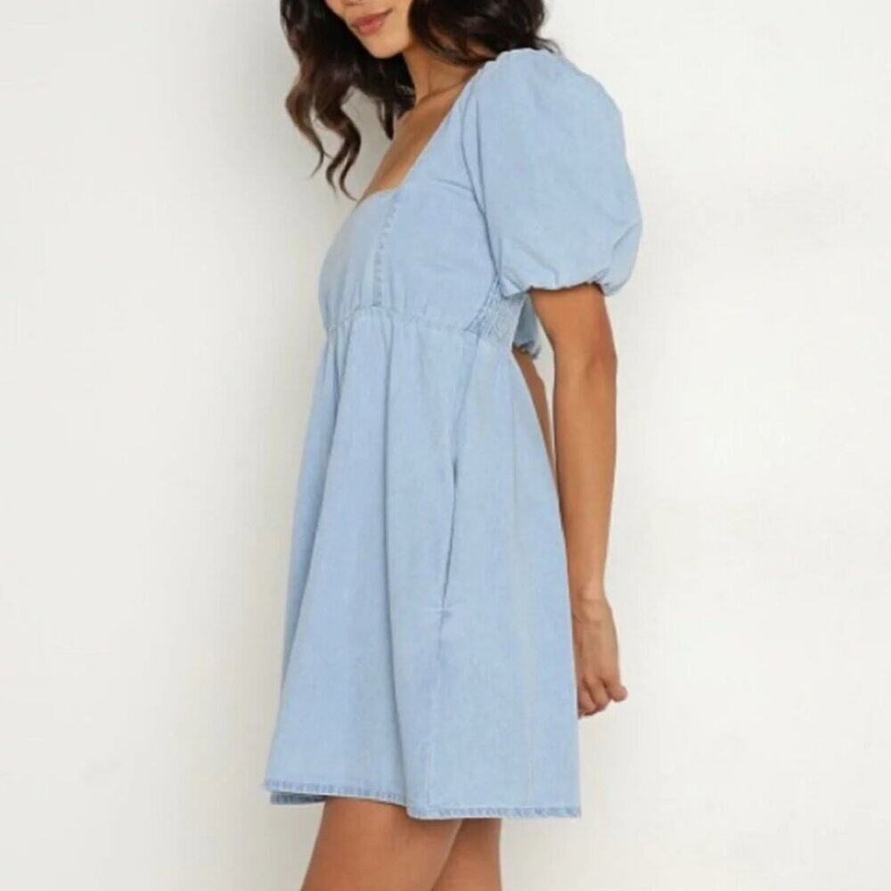 Show Me Your MuMu Smitten Sky Blue Puff Sleeve Mini 100% Cotton Sundress $158 - Picture 2 of 9